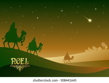 Stylized Biblical Christmas etude: three Wise Men are visiting the new King of Jerusalem Jesus Christ after His birth.