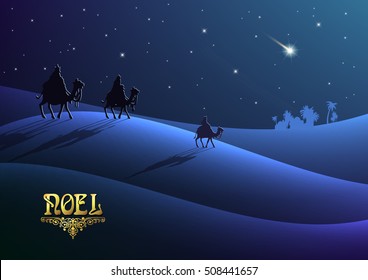 Stylized Biblical Christmas etude: three Wise Men are visiting the new King of Jerusalem Jesus Christ after His birth.