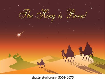 Stylized Biblical Christmas etude: three Wise Men are visiting the new King of Jerusalem Jesus Christ after His birth.