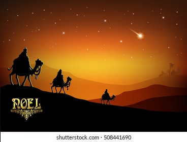 Stylized Biblical Christmas etude: three Wise Men are visiting the new King of Jerusalem Jesus Christ after His birth.