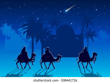 Stylized Biblical Christmas etude: three Wise Men are visiting the new King of Jerusalem Jesus Christ after His birth.