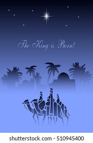 Stylized Biblical Christmas illustration: three Wise Men are visiting the new King of Jerusalem Jesus Christ after His birth.

