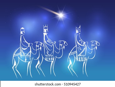 Stylized Biblical Christmas illustration: three Wise Men are visiting the new King of Jerusalem Jesus Christ after His birth.

