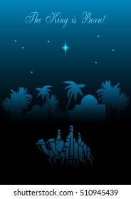 Stylized Biblical Christmas illustration: three Wise Men are visiting the new King of Jerusalem Jesus Christ after His birth.


