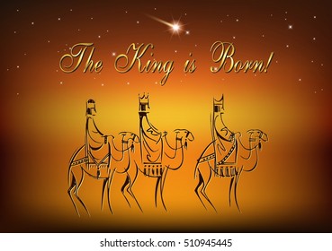 Stylized Biblical Christmas illustration: three Wise Men are visiting the new King of Jerusalem Jesus Christ after His birth.

