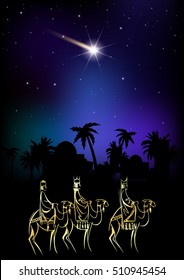 Stylized Biblical Christmas illustration: three Wise Men are visiting the new King of Jerusalem Jesus Christ after His birth.

