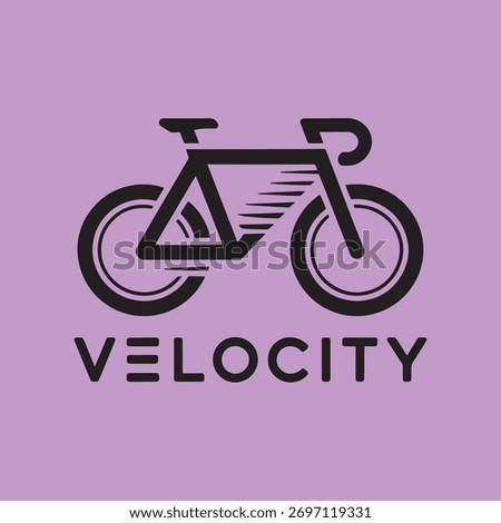 Stylized bicycle logo with bold "VELOCITY" text on a purple background. Minimalist design features and dynamic motion lines, ideal for cycling, speed, and transport-themed branding or promotional use.