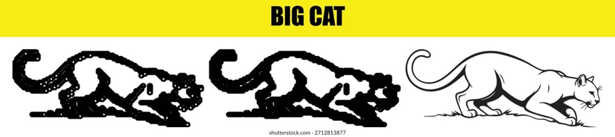 The a stylized of a big cat with abstract and realistic representations on a yellow background. Scalable format print and digital media.