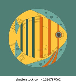 Stylized big and colored fish. Flounder fish in a circle on a dark turquoise background. Idea for an icon, children's art, logo. Good quality image, vector.