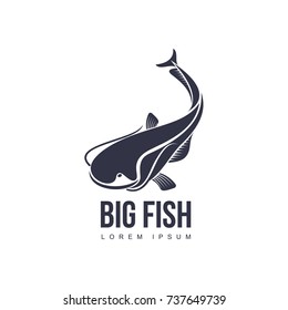 stylized big fish, whale shark icon pictogram. Fishing brand, logo design. Vector flat silhouette illustration isolated on a white background.