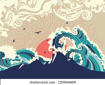 Stylized big waves of ocean or sea at sunset landscape, art poster design.
