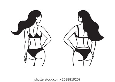 Stylized Bikini Illustration of Women at the Beach from Rear and Side Views, women back side.