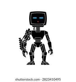 Stylized bipedal robot mascot with blue digital eyes.
