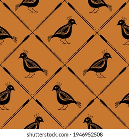 Stylized bird and diagonal grid seamless vector pattern background. Folk art or baroque style birds. Earthy ochre black backdrop with painterly criss cross lines. Historical effect geometric repeat