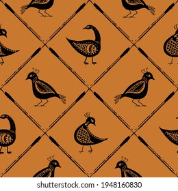 Stylized bird and diagonal grid seamless vector pattern background. Folk art or baroque style mix of birds. Earthy ochre black backdrop with painterly mesh lines. Historical effect geometric repeat