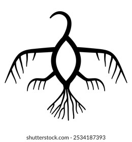 Stylized bird. Ethnic animal design of Ostyaks, Mansi or Voguls. Shamanistic ancient Siberian symbol. Black and white silhouette.