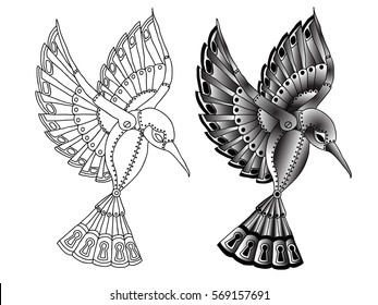 Stylized bird executed in lines and black-and-white. Vector