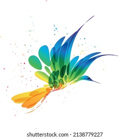 stylized bird, fantasy bird, abstract drawn bird, multicolored bird in flight, vector image