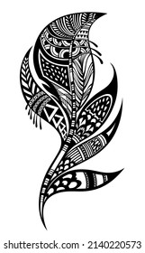 Stylized bird feather. Black and white feather. Linear Art. Tattoo.