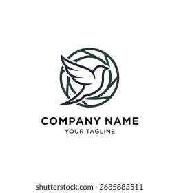 A stylized bird flies in front of a circular geometric design.