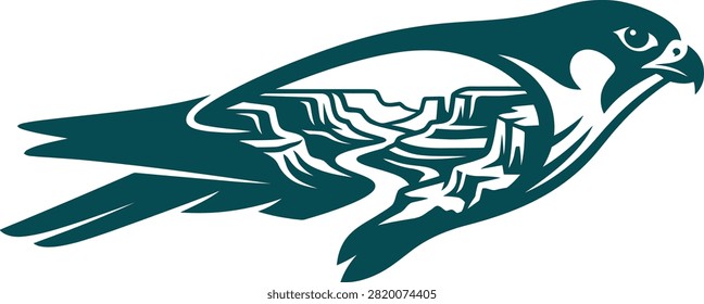 Stylized bird in flight with canyon landscape integrated into its body, symbolizing freedom