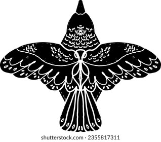Stylized bird in flight with a pattern. Illustration in linocut style, rustic style. Vector element for design