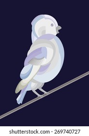 Stylized bird ghost robot is sitting on a branch on a fantastic dark blue background of pale colors pale purple, pale blue, gray, light blue