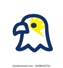 Stylized bird head, navy blue outline, yellow crown