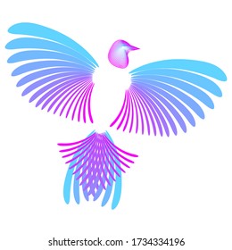 Stylized bird. Head, wings, tail. Pink and blue colors. For logo, design element. Isolated on white.