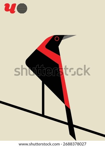 Stylized Bird Illustration Abstract Perched Bird with Split Background,- Geometric Bird Poster,Minimalist Wildlife Design in Red and Beige.