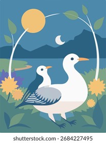 Stilisierte Vogeldarstellung mit einem größeren Vogel und einem kleineren Vogel zwischen Blumen und Blättern, mit einer ruhigen Landschaft, Bergen und Sonne im Hintergrund