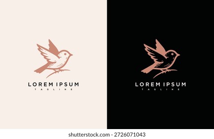 Ilustrações de aves estilizadas em planos de fundo contrastantes, apresentando elementos de design elegantes