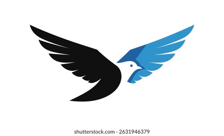 A stylized bird logo with one black wing and one blue wing, representing flight and freedom.