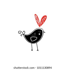 Stylized bird in love. Decor elements. Valentine's day card, scandinavian style. Vector, clip art.