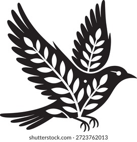 Stylized bird in mid-flight with leaves intricately designed on its body and wings, representing the harmony between wildlife and nature in a simple black and white illustration.