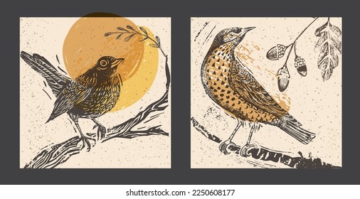 Stylized bird on a branch. hand drawn vector illustration imitating stamp printing, linocut. Can be used as a stamp on fabric, postage stamp, postcard