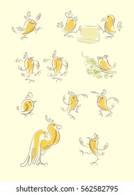 Stylized bird on a white background. Funny characters with aggressive behavior.
Birds with a sign, with the weapon in the form of a flower, on a branch in the form of a tank. Humorous style.