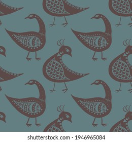 Stylized bird seamless vector pattern background. Mix of folk art and ancient Greece style birds teal grey brown backdrop. Historical effect geometric duotone design. Repeat for wellbeing concept