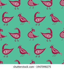 Stylized bird seamless vector pattern background. Mix of folk art and ancient Greece style types of pink birds on malachite green backdrop.Historical effect geometric duotone design. Wellbeing concept