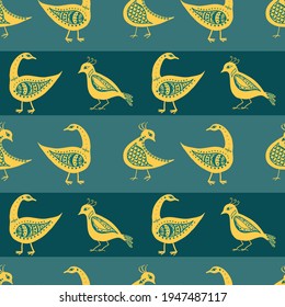 Stylized bird seamless vector pattern background. Mix of folk art and ancient Greece style types of gold birds on striped teal green backdrop.Historical effect duotone design. Wellbeing concept