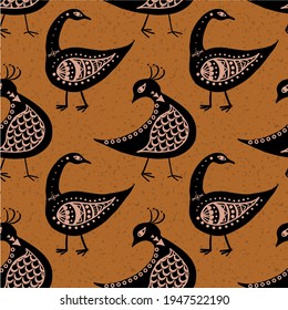 Stylized bird seamless vector pattern background. Inspired by ancient Greek pottery. Black birds on ochre burnt siena backdrop. Historical style geometric duotone design. Repeat for wellbeing concept