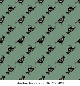 Stylized bird seamless vector pattern background. Inspired by ancient Greek pottery. Ornate black birds on sage green backdrop. Historical style diagonal duotone design. Repeat for wellbeing concept