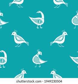 Stylized bird seamless vector pattern background. Inspired by ancient Greek pottery. Ornate white birds on aqua blue backdrop. Historical style diagonal duotone design. Repeat for wellbeing concept