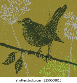 Stylized bird sitting on a branch. vector illustration in artistic linocut or woodcut style. Can be used as a stamp on fabric, postage stamp, postcard