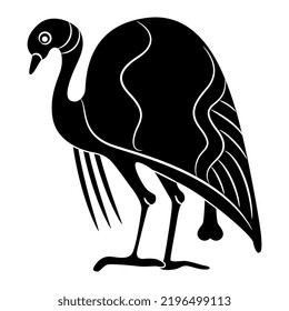 Stylized bird. Standing fowl. Ancient Greek animal design. Folk vase painting style. Black and white negative silhouette.