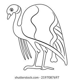 Stylized bird. Standing fowl. Ancient Greek animal design. Folk vase painting style. Black and white linear silhouette.