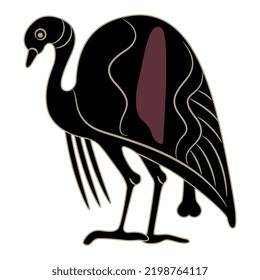 Stylized bird. Standing fowl. Ancient Greek animal design. Folk vase painting style. Isolated vector illustration.