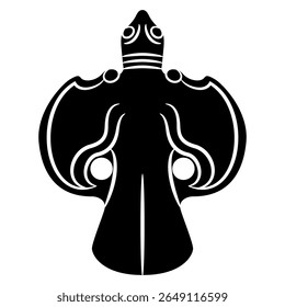Pássaro estilizado. Estatueta de animal totem da China antiga. Símbolo étnico. Silhueta em preto e branco.