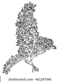 Stylized bird. The tree forms a bird. Flying bird branches. Silhouette of the bird. Line art. Black and white drawing by hand. Doodle. Graphic arts. Tattoo.