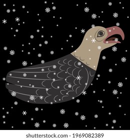 Stylized bird under snowflakes. Seagull or gull in winter. Native American animal art of Tsimshian Indians.